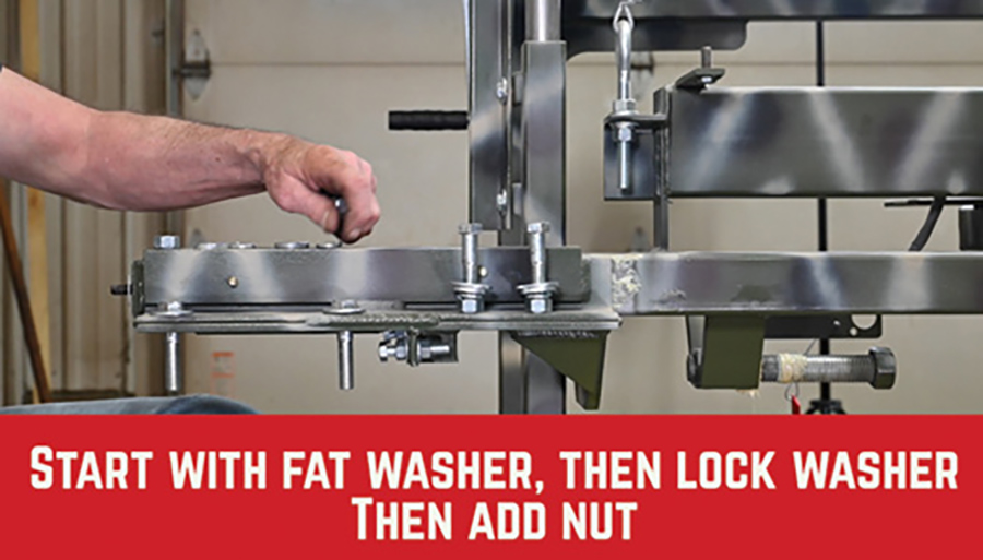 start with the fat washer, then lock washer, then add nut